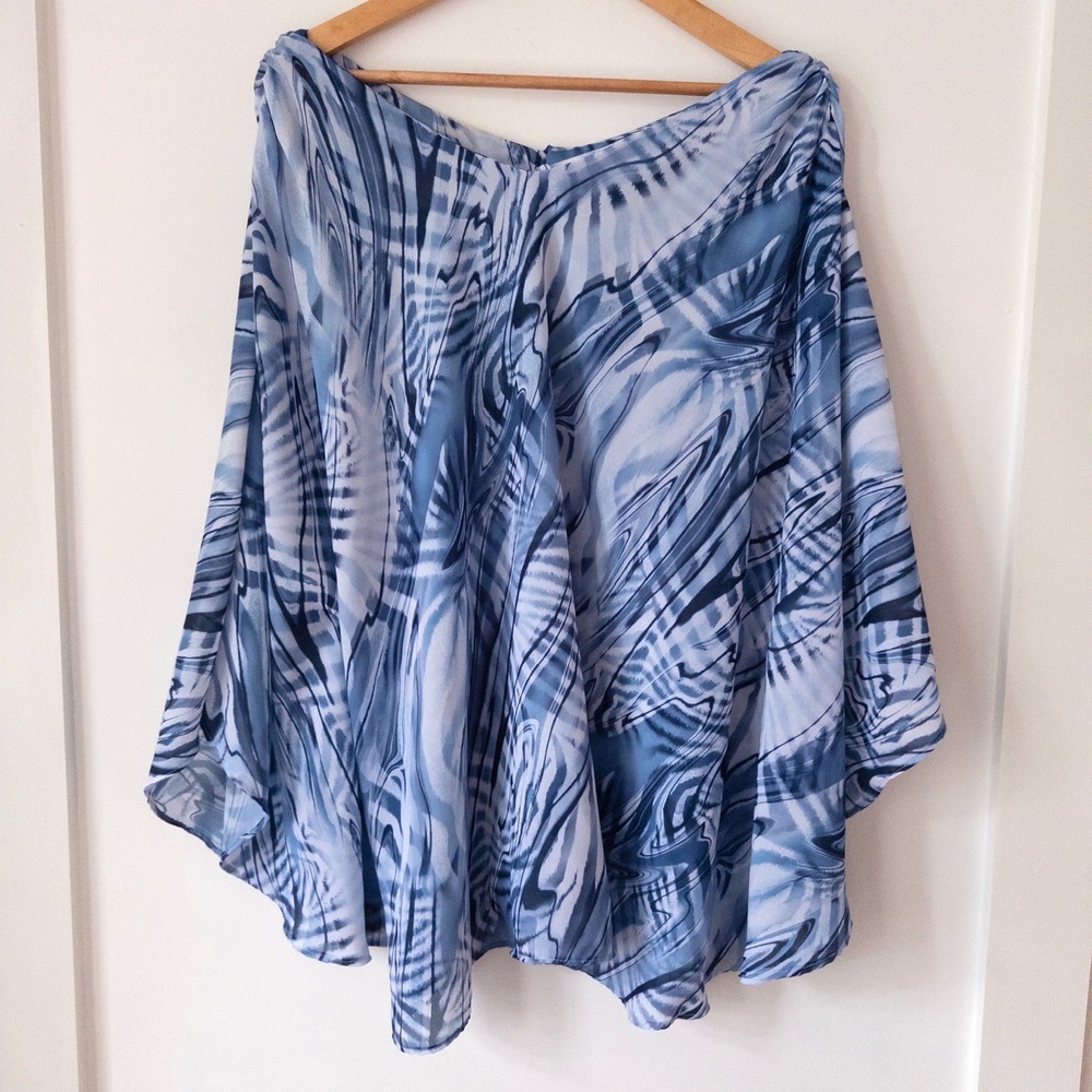 Y2K Psychedelic Abstract Swirl Caftan Poncho Top Flowy‎ Blue Marble Oversized